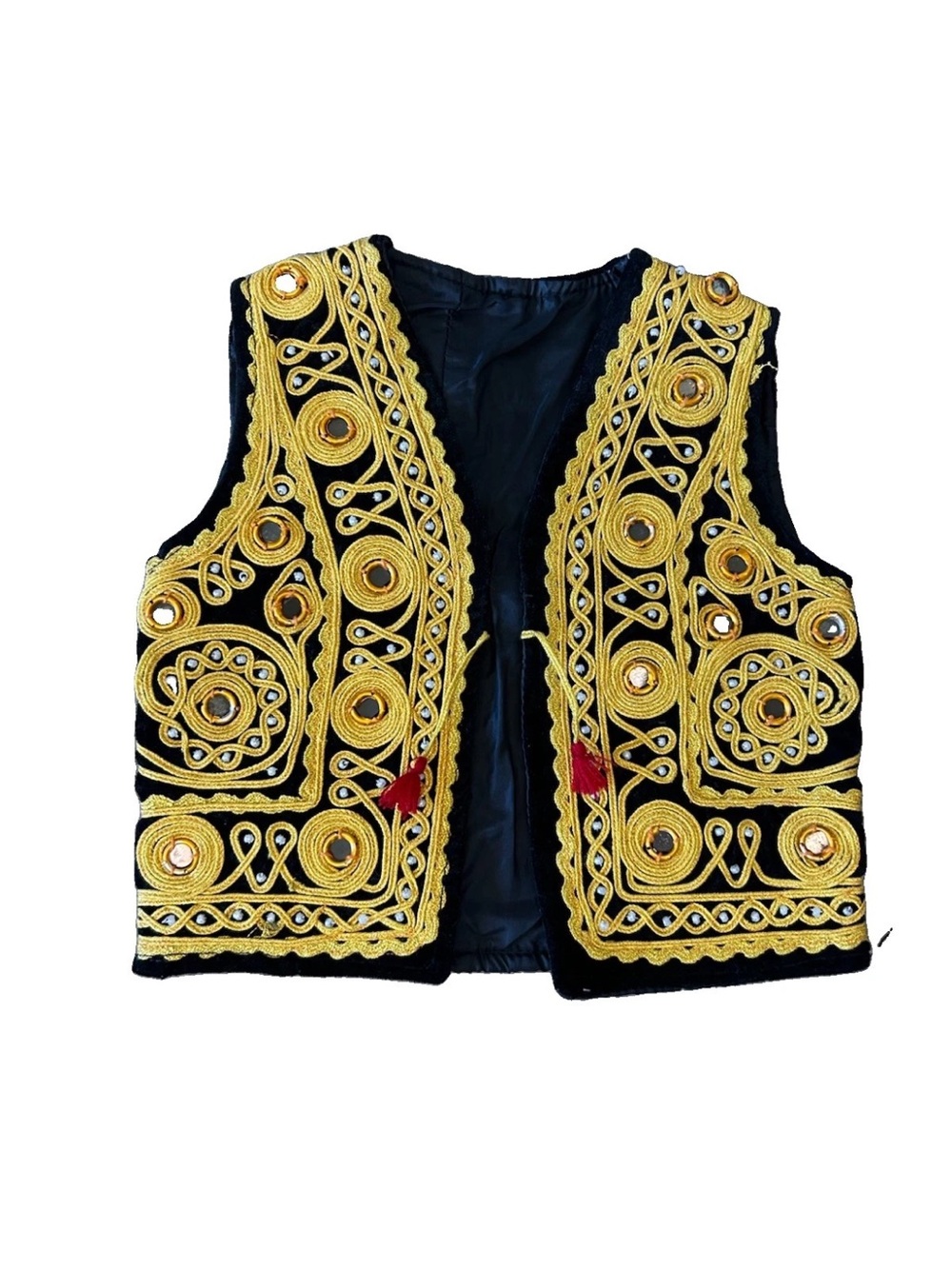 Vintage Kids XS Black Gold Embroidered Mirror Work Folk Vest Ethnic Boho 3T-4T